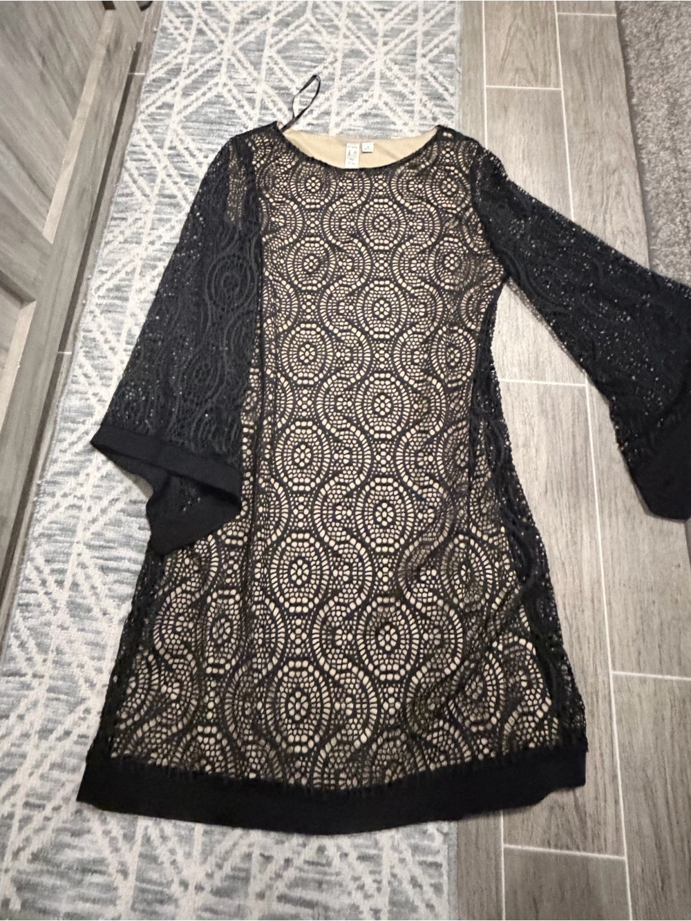 Emma & Michele Black Lace Long-Sleeve Overlay Dress with Nude Lining